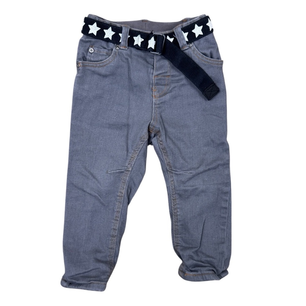H&M Gray Lined Denim Jeans Bottoms with Black Star Belt Baby 9-12 Months